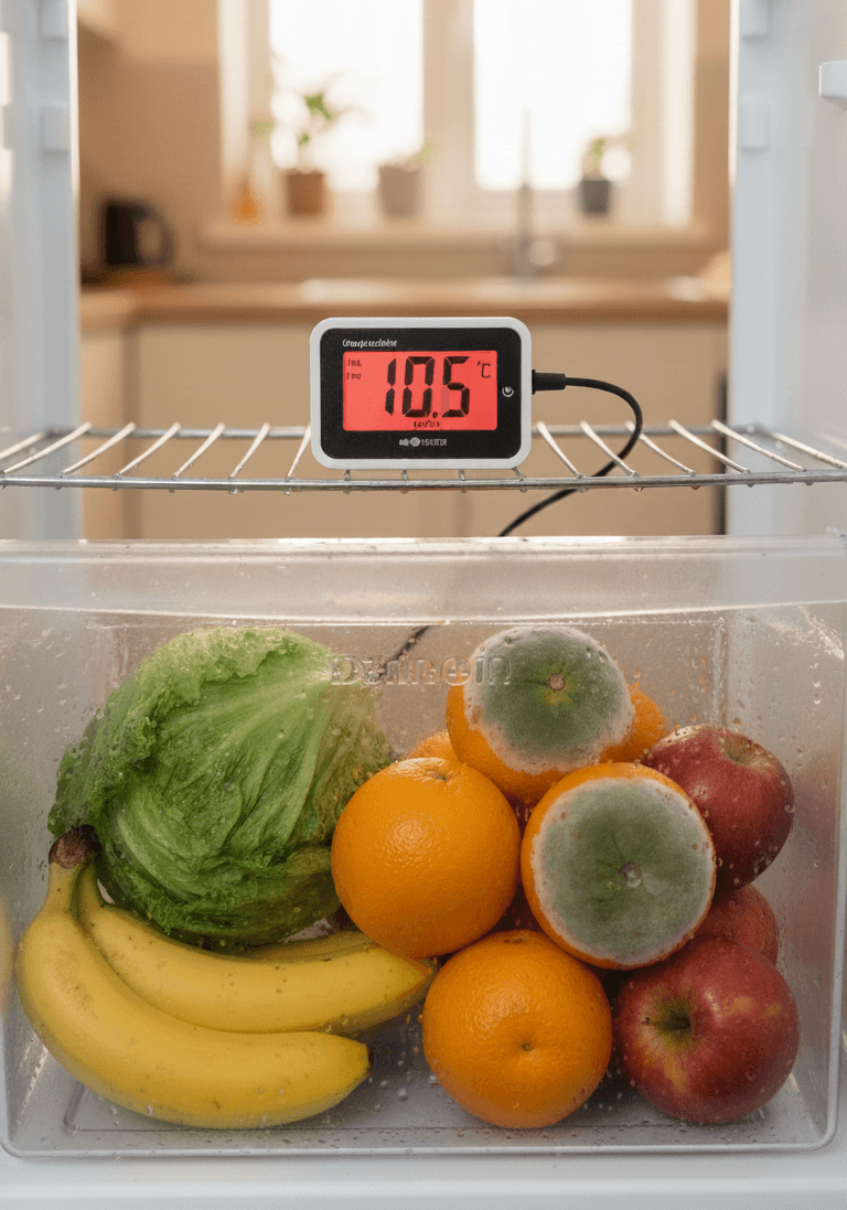 Refrigerator thermometer reading 10.5°C next to spoiled fruit and vegetables inside a fridge that isn't cooling properly